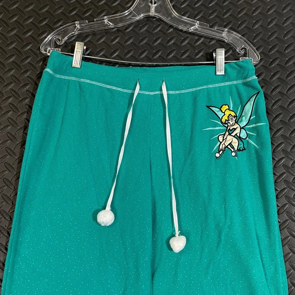 Disney Tinker Bell Teal Blue Green Pom Pom Drawstring Pajama‎ Bottoms Women's M - Picture 2 of 10